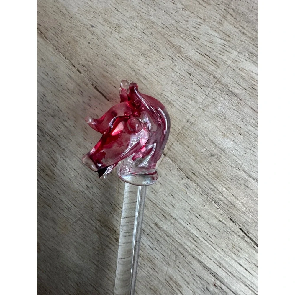 Vintage Glass Horse Head Cocktail Stirrer Pink Cranberry Equestrian Barware 6.5